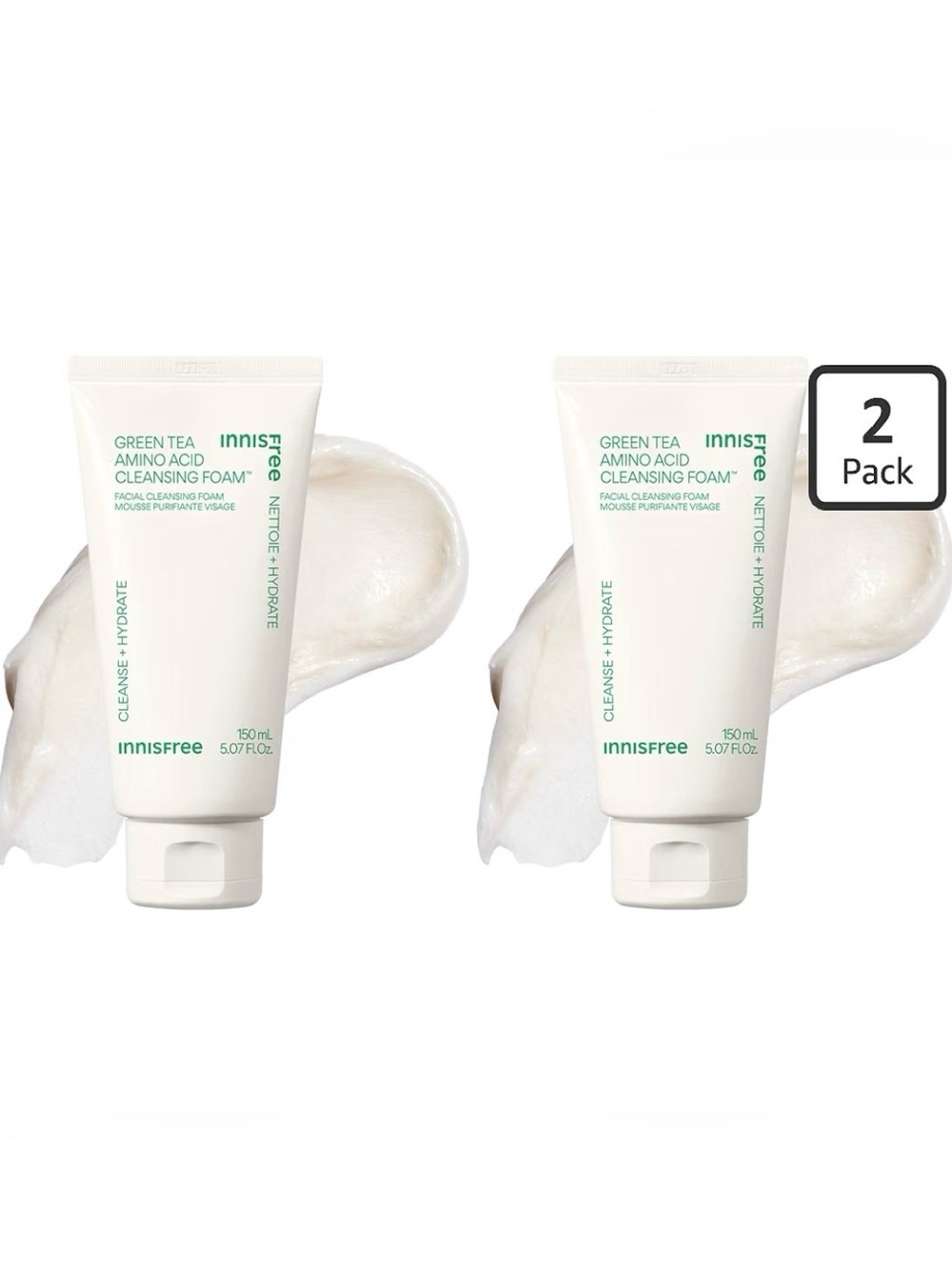innisfree Green Tea Amino Acid Cleansing Foam 2 Pack Hydrating Vegan 5.07oz